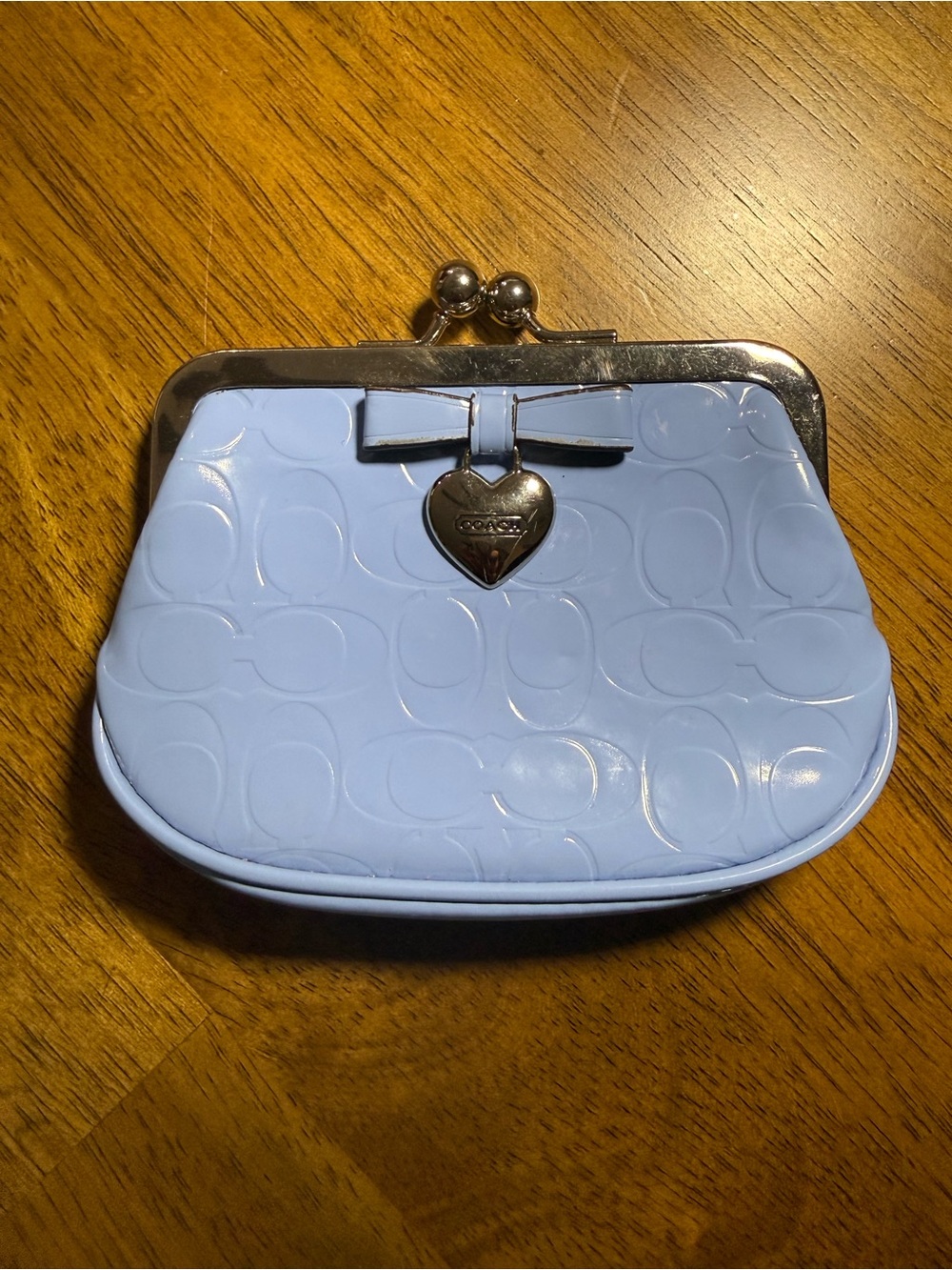 Coach Light Blue Patent Leather Kiss-Lock Coin Purse with Heart Charm